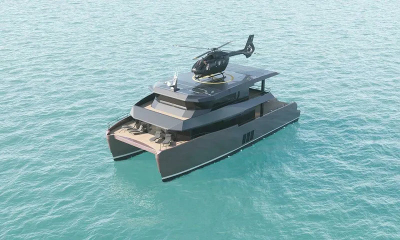 Slide: The Image of Luxury Archipelago A-80 Expedition yacht with helicopter on deck, 2025 model, in serene waters. - 4