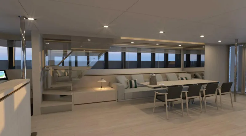 Slide: The Image of Luxurious interior of 2025 Archipelago A-80 Expedition yacht with modern dining area and seating. - 13