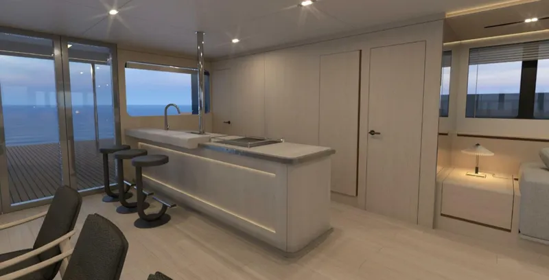 Slide: The Image of Modern kitchen interior on 2025 Archipelago A-80 Expedition yacht with ocean view. - 11