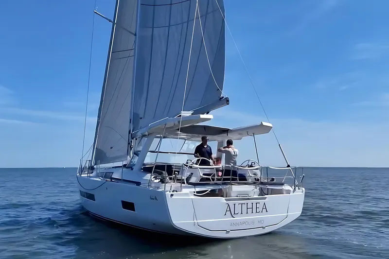 Slide: The Image of Sailing yacht Hanse 460, 2025 model, cruising on open water under clear skies. - 6