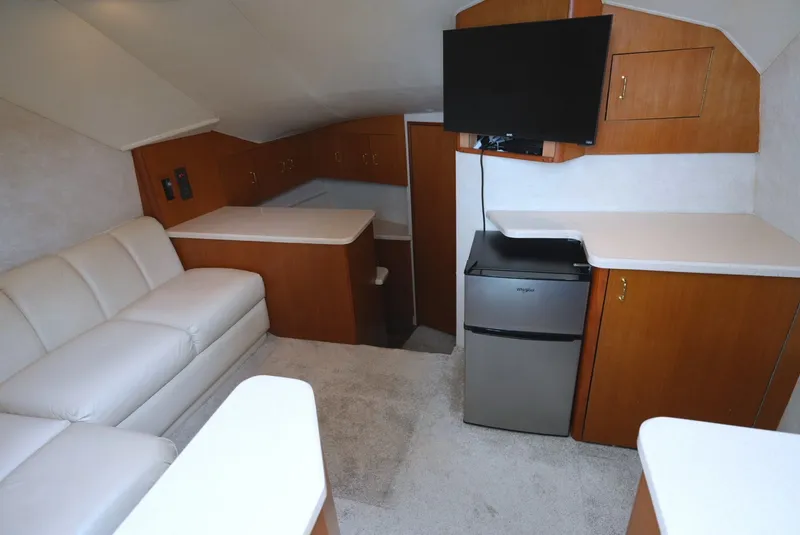 Slide: The Image of Interior of a 1999 Ocean Yachts 40 Super Sport with sofa, TV, and refrigerator. - 18