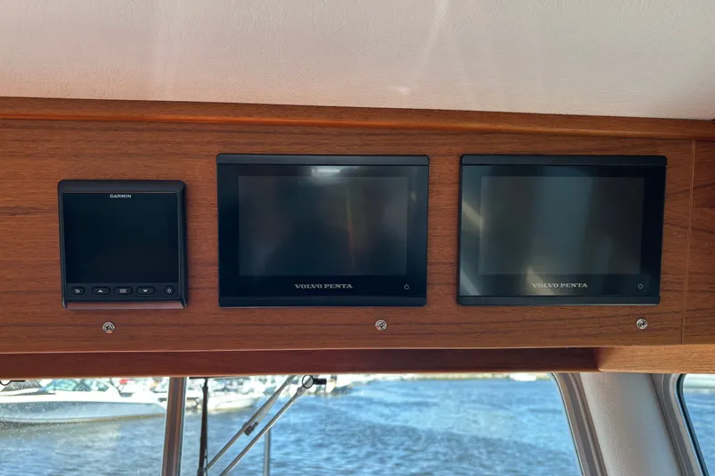 Slide: The Image of 2024 Targa 32 boat dashboard with Garmin and Volvo Penta displays. - 30