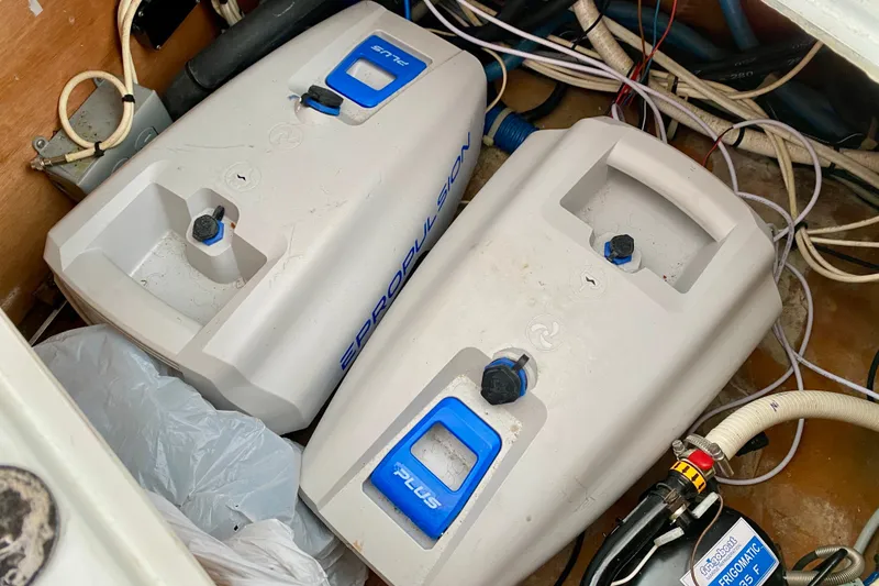 Slide: The Image of Battery compartment of a 2005 Lagoon 380 S2 catamaran with Epropulsion systems. - 134