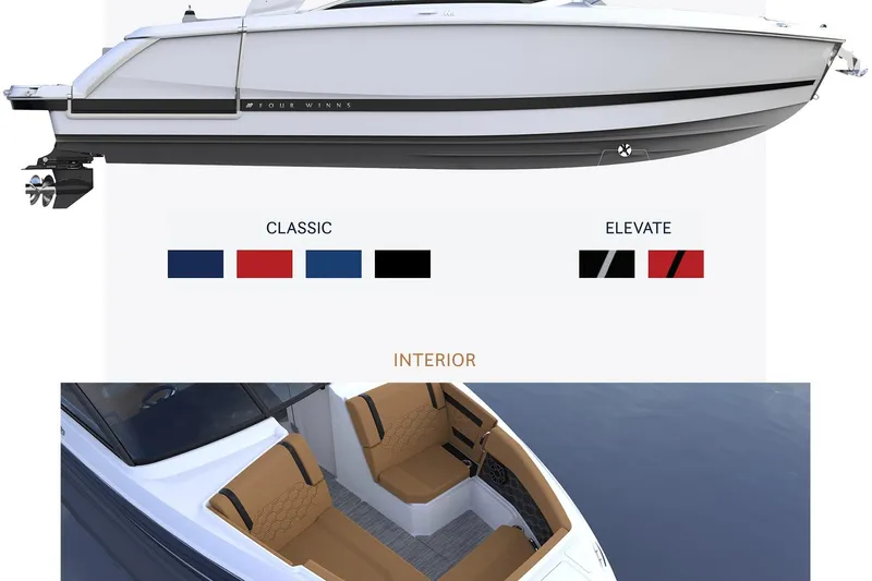 Slide: The Image of 2026 Four Winns H9 OB boat with color options and luxurious interior design. - 14