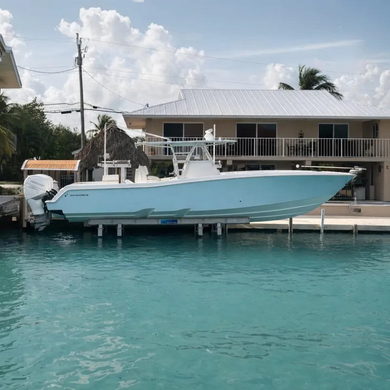 The Image of 2017 Invincible 39 Open Fisherman boat docked by waterfront home. - 0
