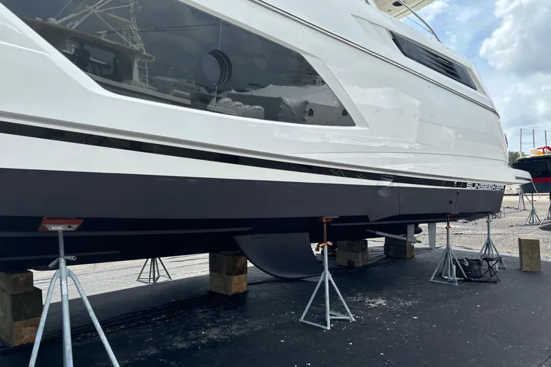 Slide: The Image of 2016 Sunseeker Manhattan 65 yacht on stands, side view. - 29