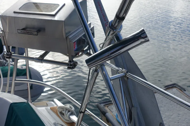 Slide: The Image of Stainless steel grill on 2001 Beneteau Oceanis 461 yacht, docked by calm waters. - 18