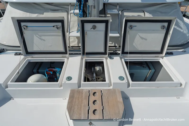 Slide: The Image of Open storage compartments on 2019 Nautitech 40 Open catamaran deck. - 15