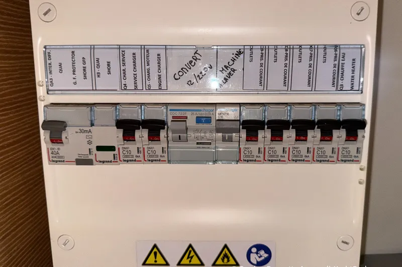 Slide: The Image of Electrical panel on a 2019 Nautitech 40 Open catamaran with labeled circuit breakers. - 75