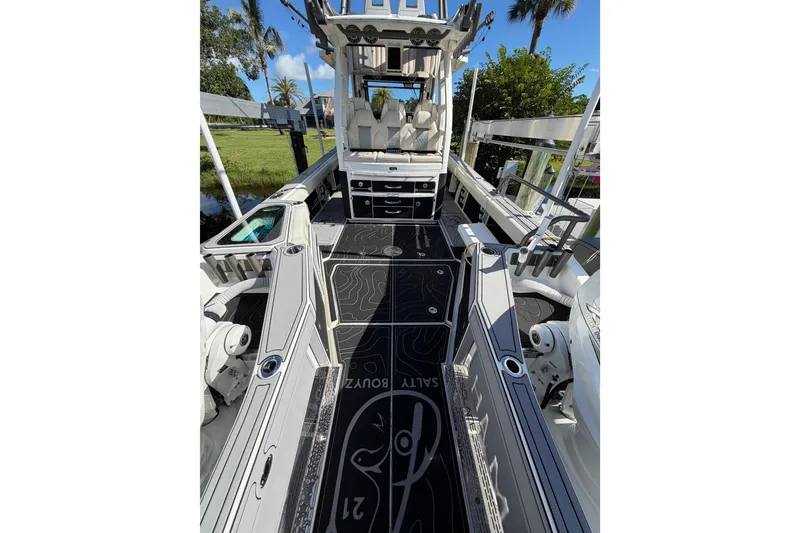 Slide: The Image of 2021 Solace 345CC boat interior with sleek design and modern features. - 34