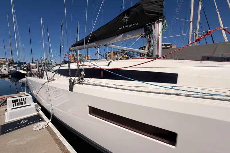 Slide: The Image of 2024 Jeanneau Sun Odyssey 380 sailboat docked at marina under clear blue sky. - 8