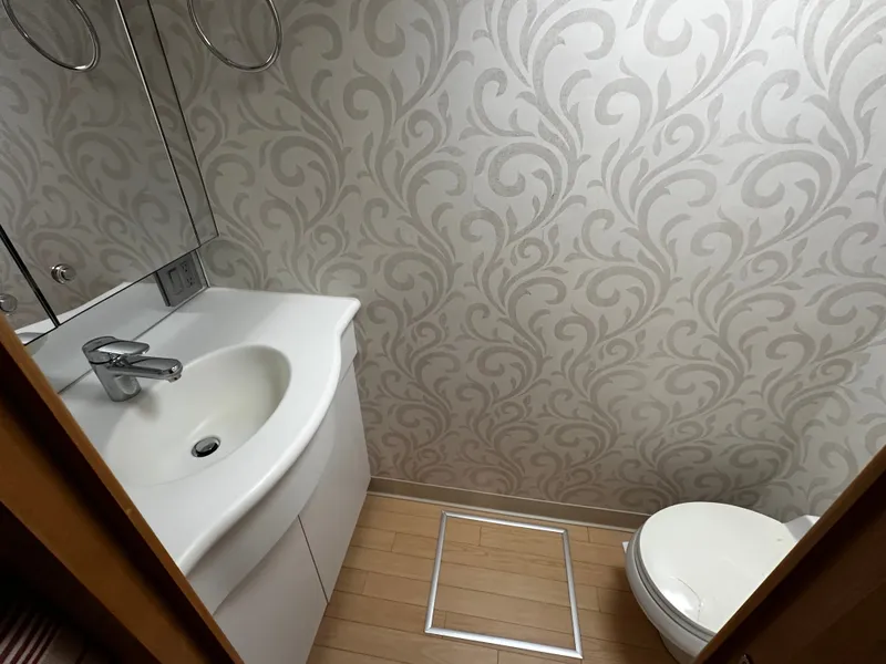 Slide: The Image of An elegant bathroom with swirling wallpaper, a modern sink, and a toilet. - 15