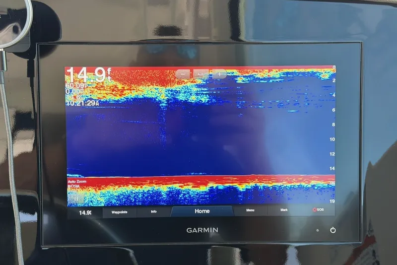 Slide: The Image of A Garmin fishfinder displays depth and temperature data. - 37