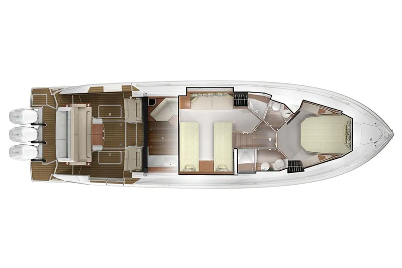 Slide: The Image of Manufacturer Provided Image: 2025 Tiara Yachts 48 LE floor plan, showcasing spacious interior and triple outboard engines. - 25