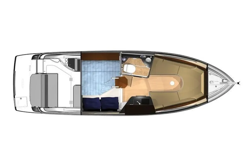 Slide: The Image of Layout of the 2019 Regal 28 Express with sleeping area, kitchen, and bathroom. - 17