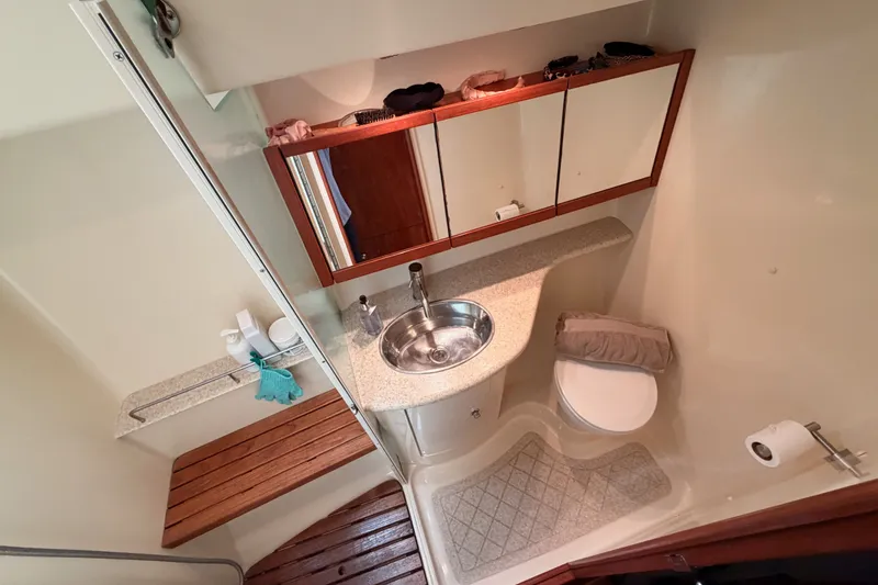 Slide: The Image of Luxurious bathroom in 2009 Hunter 50 Center Cockpit yacht with modern fixtures. - 82