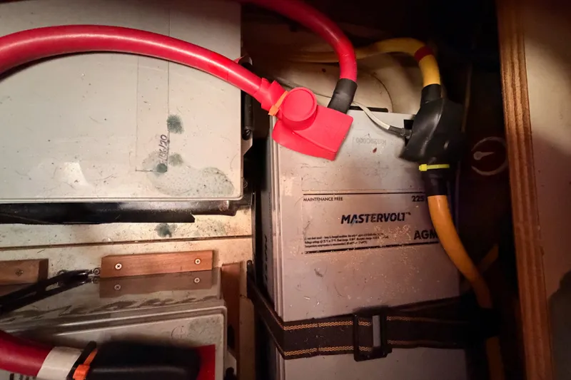 Slide: The Image of Battery compartment of a 2009 Hunter 50 Center Cockpit with Mastervolt AGM battery. - 111