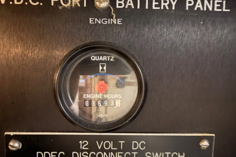 Slide: The Image of Engine hour meter showing 3593 hours on 1996 Hatteras 70 Sport Deck Motor Yacht. - 93