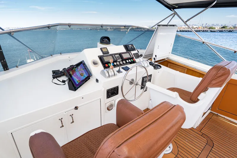Slide: The Image of Helm of 1996 Hatteras 70 Sport Deck Motor Yacht with navigation equipment and ocean view. - 23