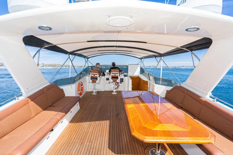 Slide: The Image of Spacious deck of 1996 Hatteras 70 Sport Deck Motor Yacht with seating and ocean view. - 17