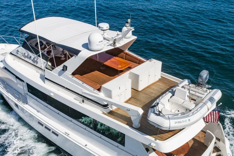 Slide: The Image of 1996 Hatteras 70 Sport Deck Motor Yacht cruising on open water. - 8