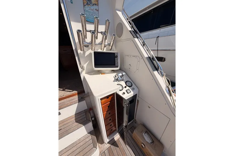 Slide: The Image of Control panel on a 1982 Bertram 54 Convertible yacht with gauges and rod holders. - 42