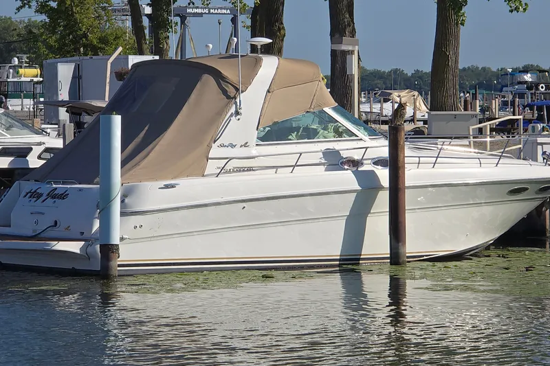 The Image of 2001 Sea Ray Sundancer 310 docked at Humbug Marina with tan canopy. - 2