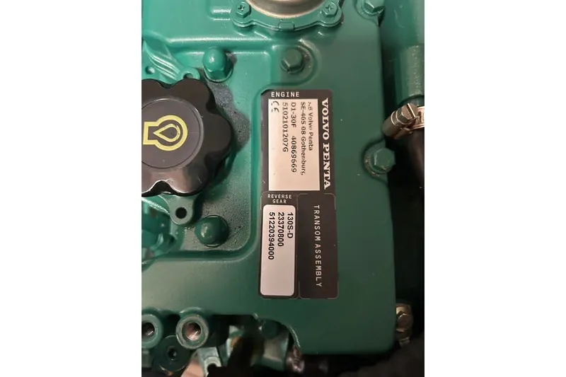 Slide: The Image of Close-up of a Volvo Penta engine label on a 2004 Manta 42 MkII. - 39