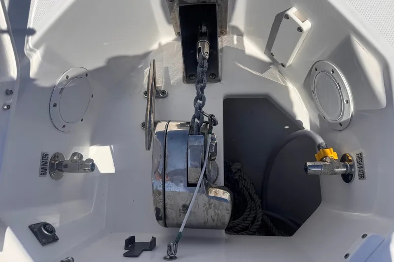 Slide: The Image of Anchor system of a 2016 Everglades 435 Center Console boat. - 26