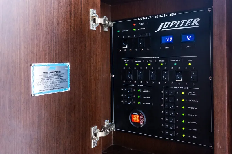Slide: The Image of Electrical panel of a 2021 Jupiter 43 yacht with certification plaque. - 65