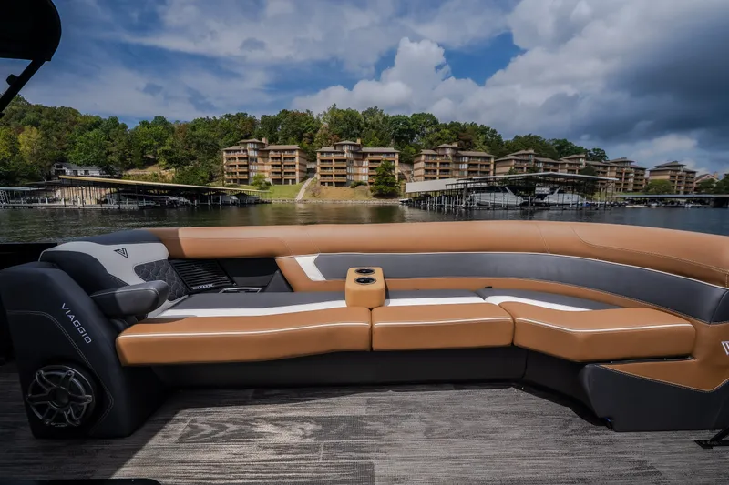 Slide: The Image of Luxurious seating on Viaggio Diamante U 26 boat, 2026 model, with scenic waterfront view. - 28