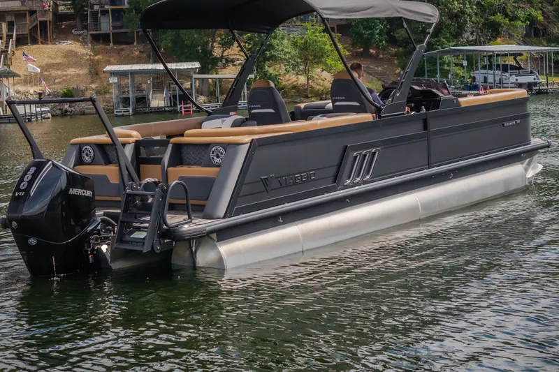 Slide: The Image of 2026 Viaggio Diamante U 26 pontoon boat on water, featuring Mercury engine. - 60