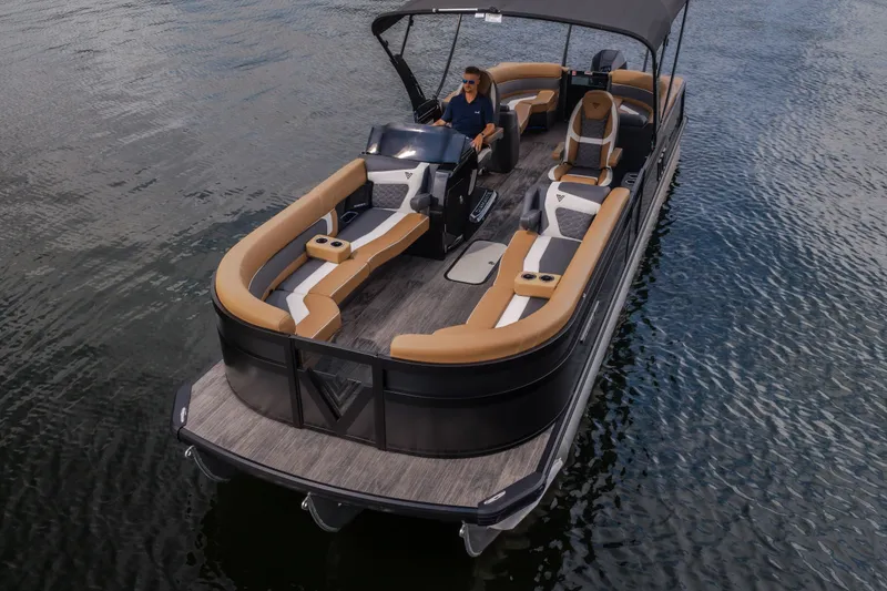 Slide: The Image of 2026 Viaggio Diamante U 26 pontoon boat on water, featuring luxurious seating and modern design. - 29