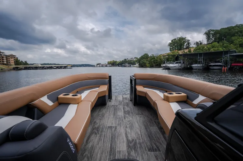 Slide: The Image of Luxurious Viaggio Diamante U 26 boat interior with plush seating, overlooking a serene lake. - 22
