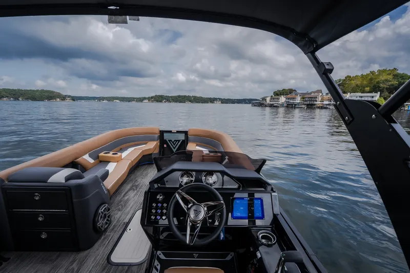 Slide: The Image of Luxurious Viaggio Diamante U 26 boat interior, 2026 model, on a serene lake with scenic views. - 16