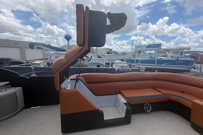 Slide: The Image of 2015 Premier 290 Grand View pontoon boat with luxurious seating and modern design. - 45