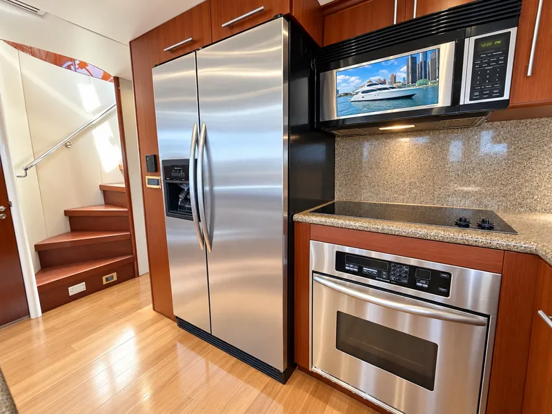 Slide: The Image of The 2002 Lazzara 80 Skylounge kitchen features modern appliances and wood paneling. - 42
