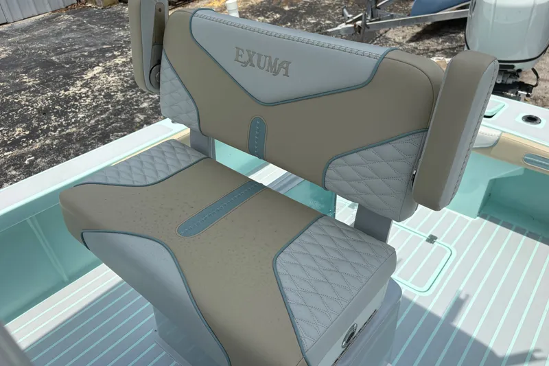Slide: The Image of 2024 Exuma 22 boat seat with beige and gray diamond-stitched upholstery. - 27