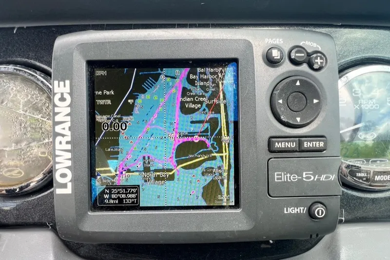 Slide: The Image of Lowrance Elite-5 HDI GPS on 2007 Sea Ray 260 Sundeck displaying navigation map. - 85