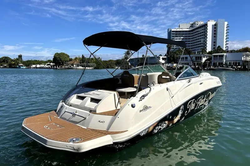 Slide: The Image of 2007 Sea Ray 260 Sundeck boat on water, featuring sleek design and canopy. - 4