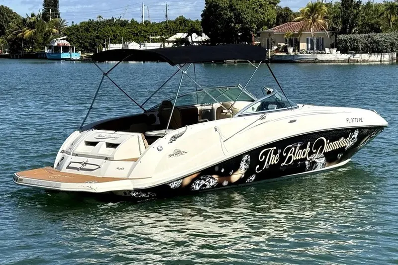 Slide: The Image of 2007 Sea Ray 260 Sundeck boat named "The Black Diamond" on a serene waterway. - 3