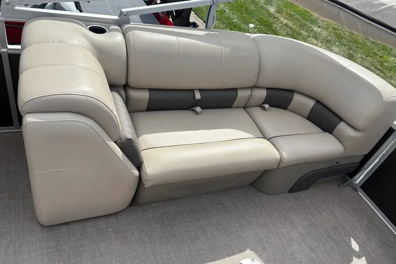 Slide: The Image of 2021 Sun Tracker Party Barge 22, beige seating, comfortable and spacious design. - 14