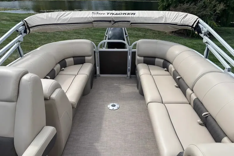 Slide: The Image of 2021 Sun Tracker Party Barge 22 with spacious seating and elegant design. - 18