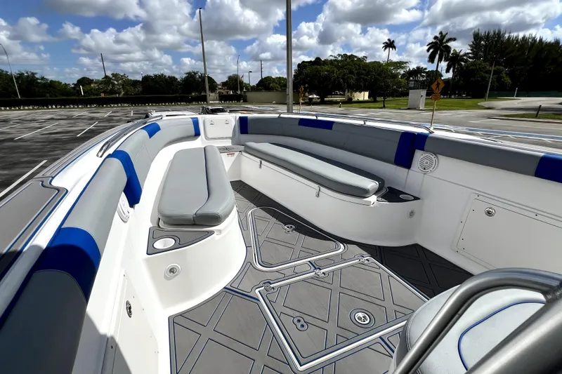 Slide: The Image of 2007 Wellcraft 35 Scarab Sport Open boat interior with cushioned seating and modern design. - 86