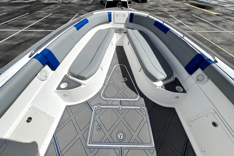 Slide: The Image of 2007 Wellcraft 35 Scarab Sport Open boat interior with cushioned seating and modern flooring. - 76