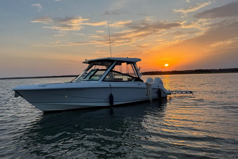 The Image of Boston Whaler 280 Vantage 2022 boat at sunset on calm waters. - 0