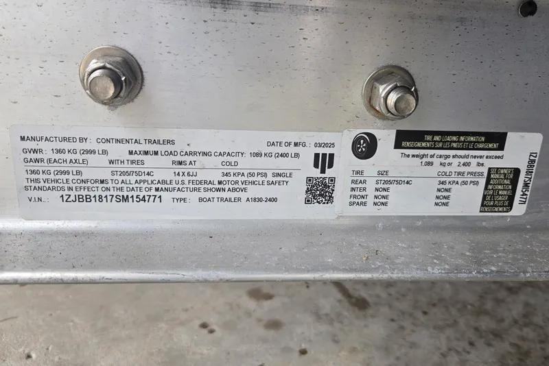 Slide: The Image of Label on a 2025 Florida Custom Boats 17 trailer, detailing specifications and compliance. - 18