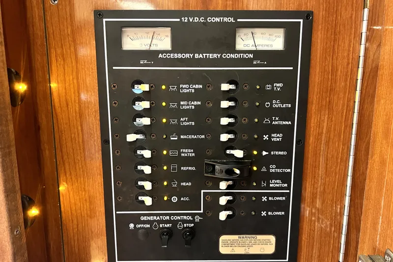 Slide: The Image of Control panel of a 2006 Regal Commodore 3560 IB boat, featuring various switches and gauges. - 74