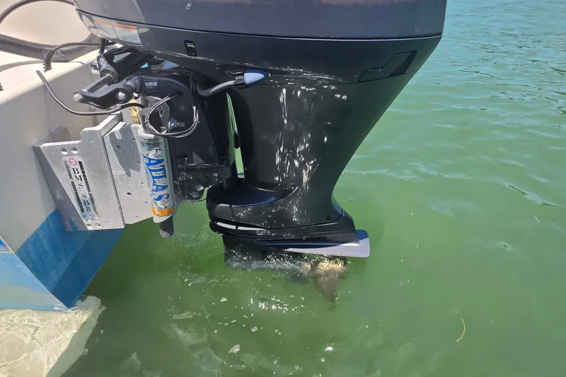 Slide: The Image of Outboard motor of 2014 Custom Exuma Catamaran 32 in green water. - 13