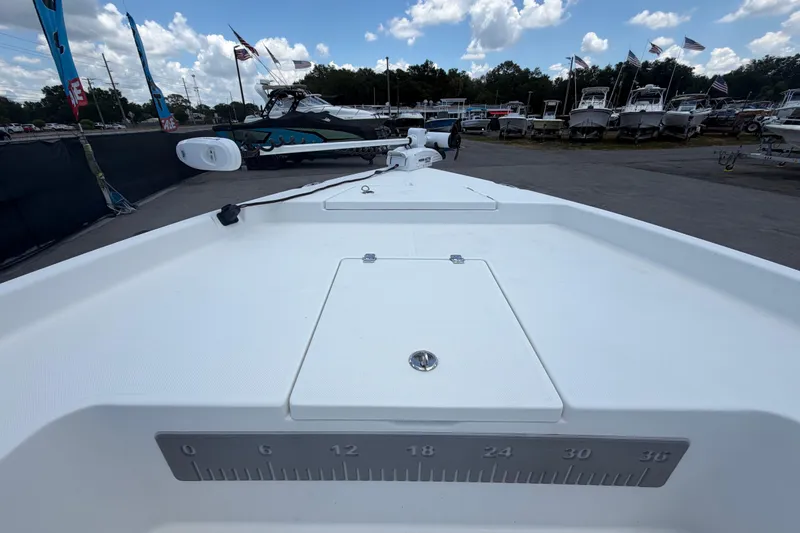 Slide: The Image of Bow view of 2025 Savannah 210X boat at a marina under a cloudy sky. - 34